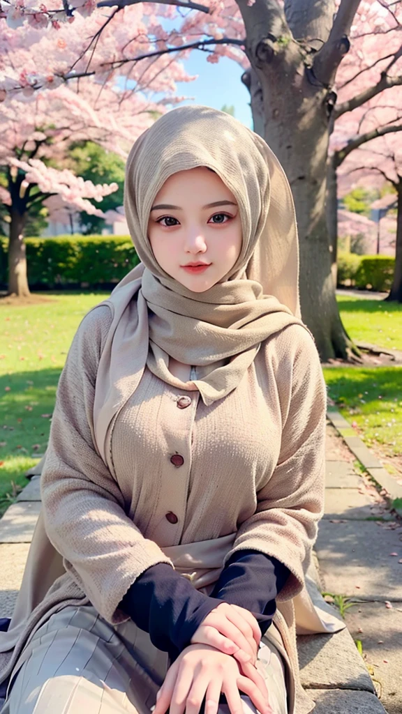 Create a single hyper realistic image of a beautifull hijab girl in an outstanding scene of rays of lighting in a cherry blossom forest, hyper realistic texture.