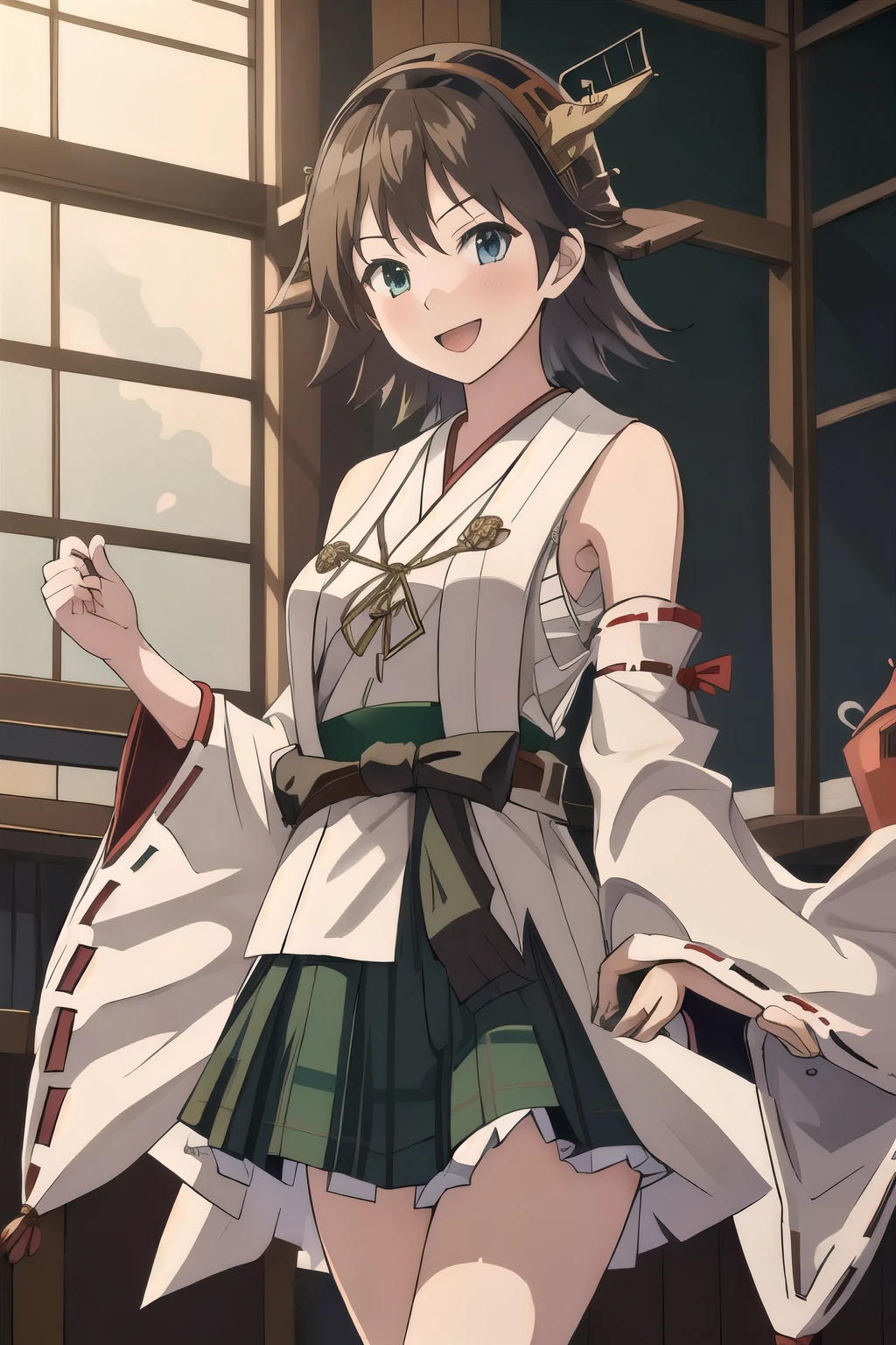 highest quality, masterpiece, High resolution, 一人in, {Hiei_Fleet Collection:1.15}, Brown_hair, hairband, headgear, Non-traditional_Miko, smile, green_eye, Inverted up_hair, Open_mouth, One girl, independent_sleeve, green_skirt, Japanese_Clothes, one hour_drawing_Challenge, Plaid, Plaid_skirt, ribbon-trimmed_sleeve, ribbon_trim, skirt, dined, Looking_in_Audience, Simple_background, white_background, twitter_username, wide_sleeve