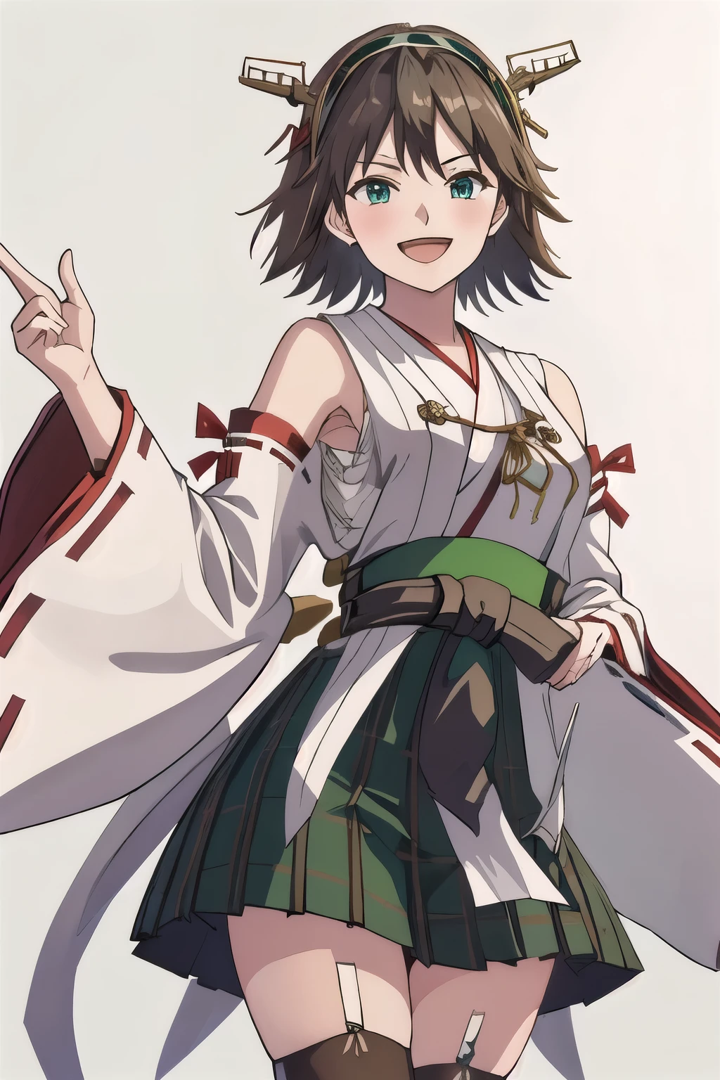 highest quality, masterpiece, High resolution, 一人in, {Hiei_Fleet Collection:1.15}, Brown_hair, hairband, headgear, Non-traditional_Miko, smile, green_eye, Inverted up_hair, Open_mouth, One girl, independent_sleeve, green_skirt, Japanese_Clothes, one hour_drawing_Challenge, Plaid, Plaid_skirt, ribbon-trimmed_sleeve, ribbon_trim, skirt, dined, Looking_in_Audience, Simple_background, white_background, twitter_username, wide_sleeve