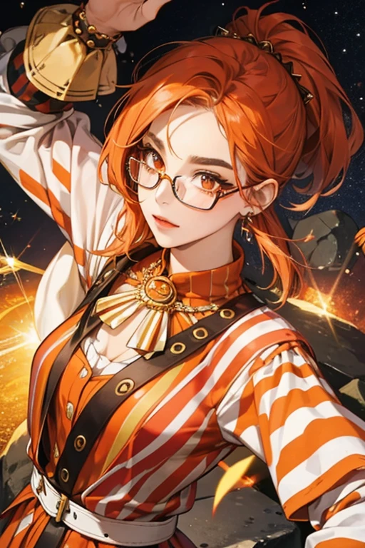 she wears stone glasses and orange-red striped prehistoric clothing. SPARKLE; GLITTER