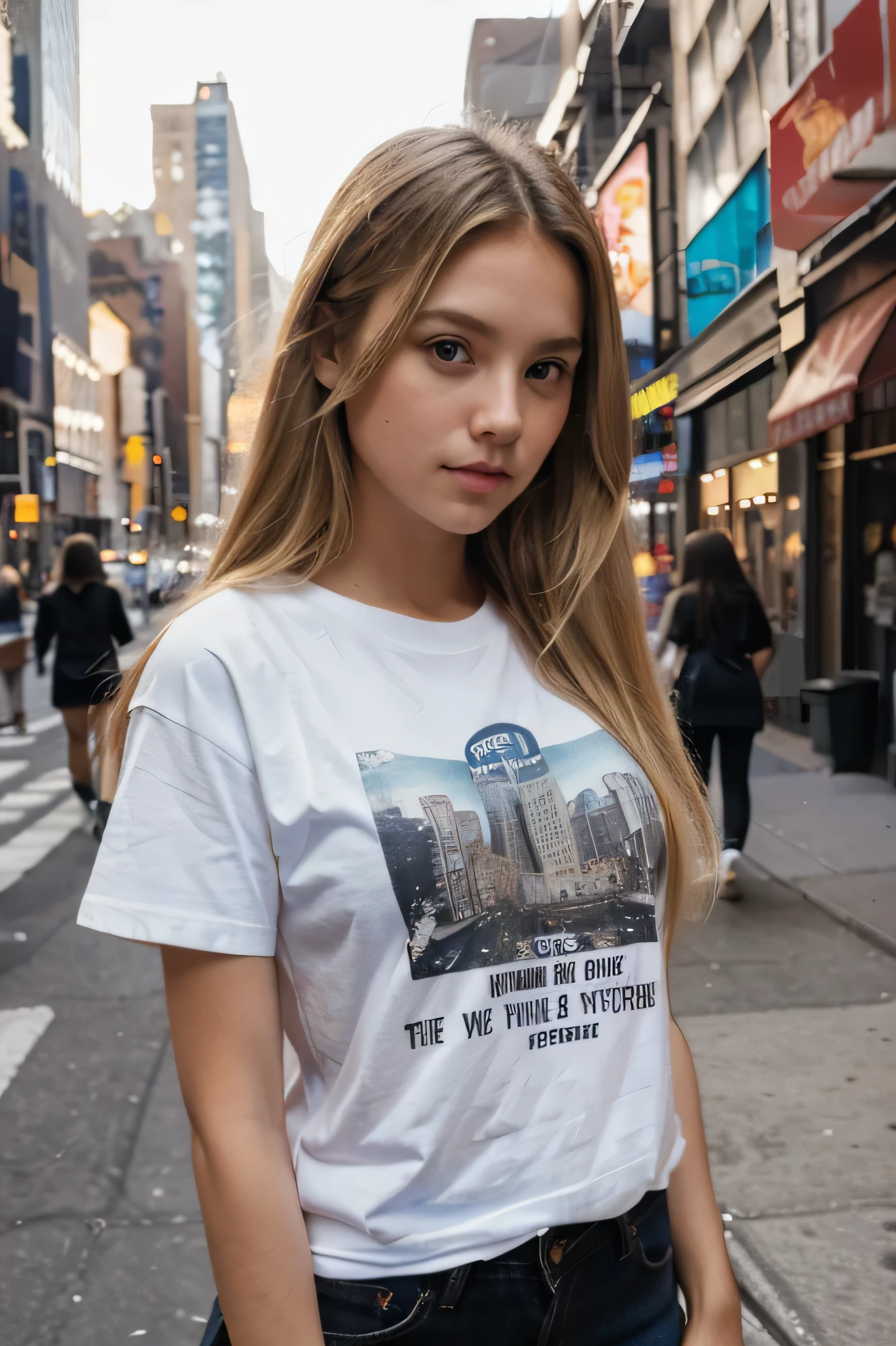 light blonde small face long hair girl wearing t-shirt new york city street