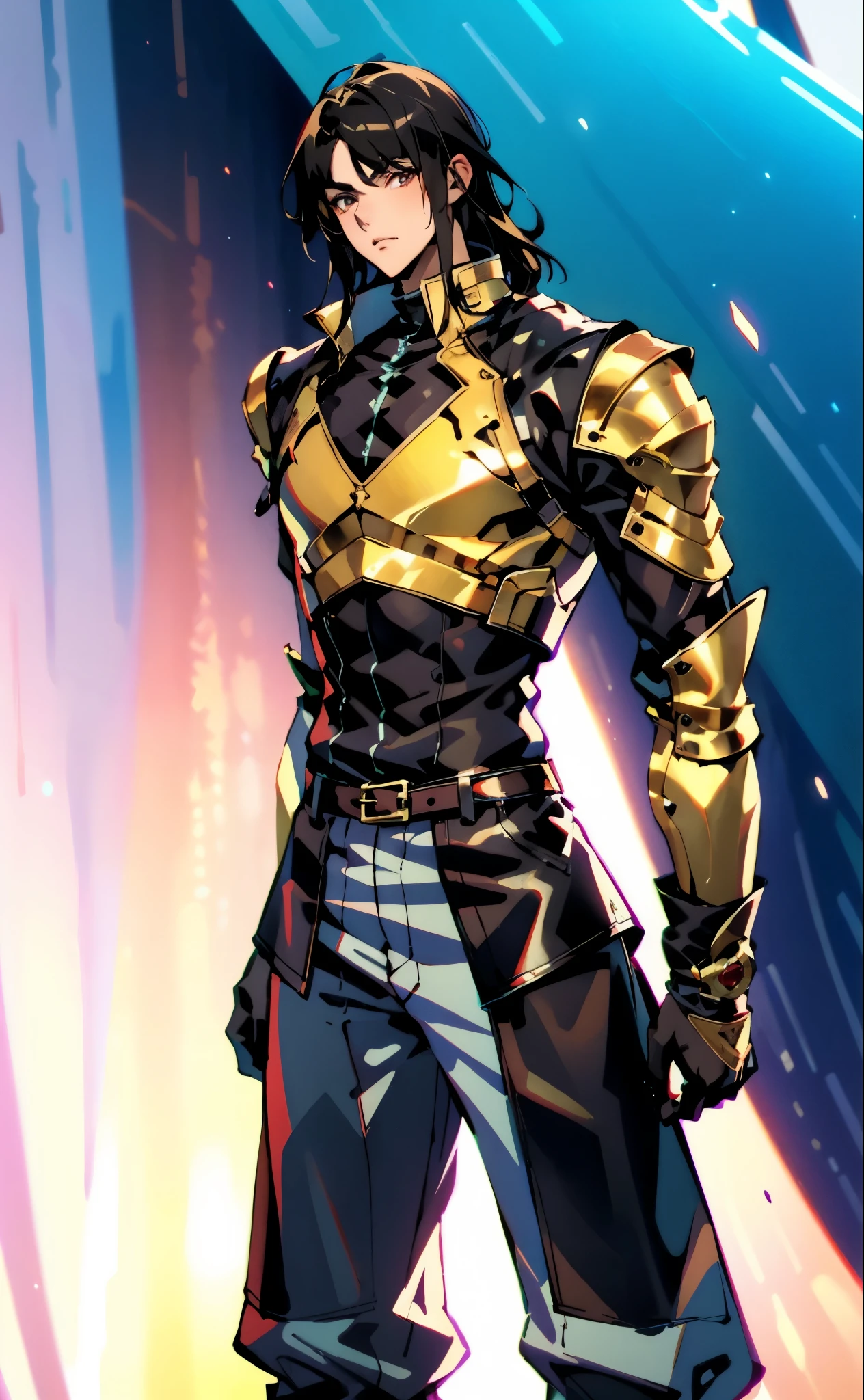 A man with medium-length black hair, arched side-swept bangs, slender eyes, an oval face, refined features, confident expression, tall and slender physique, a fantasy-style leather coat with a leather chest armor on top, wrist guards, fabric trousers with a long hem, a belt buckle featuring a square pattern, primarily in brown with black and red accents, the backdrop of a magnificent fantasy-style giant city gate, this character embodies a finely crafted fantasy-style scout in anime style, exquisite and mature manga art style, high definition, best quality, highres, ultra-detailed, ultra-fine painting, extremely delicate, professional, perfect body proportions, golden ratio, anatomically correct, symmetrical face, extremely detailed eyes and face, high quality eyes, creativity, RAW photo, UHD, 32k, Natural light, cinematic lighting, masterpiece-anatomy-perfect, masterpiece:1.5