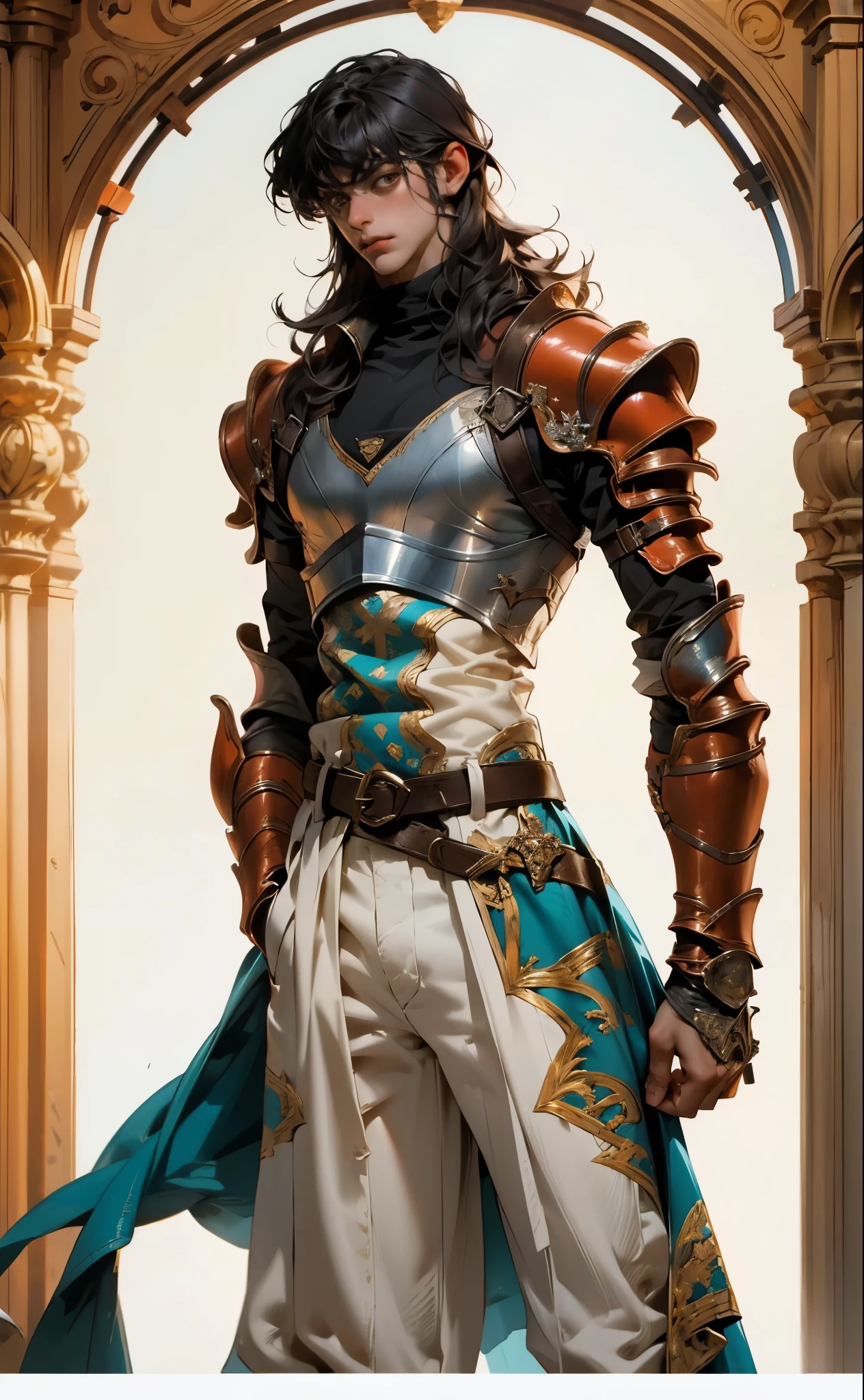 A man with medium-length black hair, arched side-swept bangs, slender eyes, an oval face, refined features, confident expression, tall and slender physique, a fantasy-style leather coat with a leather chest armor on top, wrist guards, fabric trousers with a long hem, a belt buckle featuring a square pattern, primarily in brown with black and red accents, the backdrop of a magnificent fantasy-style giant city gate, this character embodies a finely crafted fantasy-style scout in anime style, exquisite and mature manga art style, high definition, best quality, highres, ultra-detailed, ultra-fine painting, extremely delicate, professional, perfect body proportions, golden ratio, anatomically correct, symmetrical face, extremely detailed eyes and face, high quality eyes, creativity, RAW photo, UHD, 32k, Natural light, cinematic lighting, masterpiece-anatomy-perfect, masterpiece:1.5