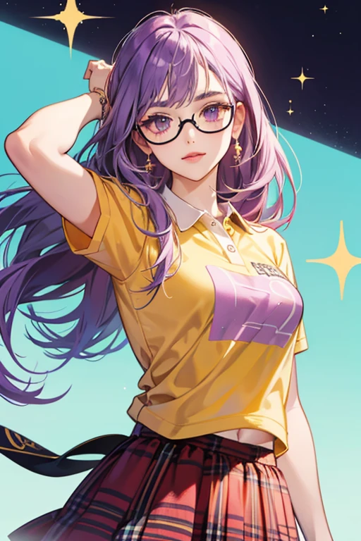 She is a lavender she wears a banana polo t-shirt and a vermilion plaid skirt. She also wears black glasses. SPARKLE; GLITTER