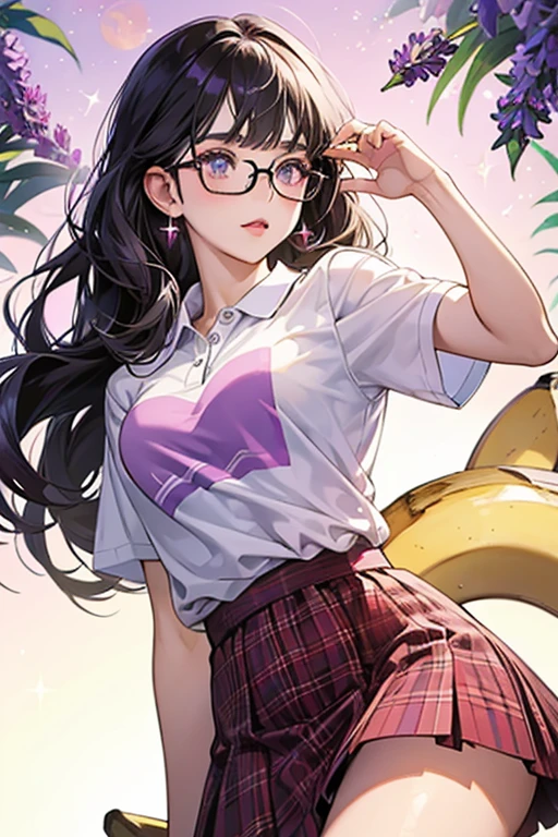 She is a lavender she wears a banana polo t-shirt and a vermilion plaid skirt. She also wears black glasses. SPARKLE; GLITTER