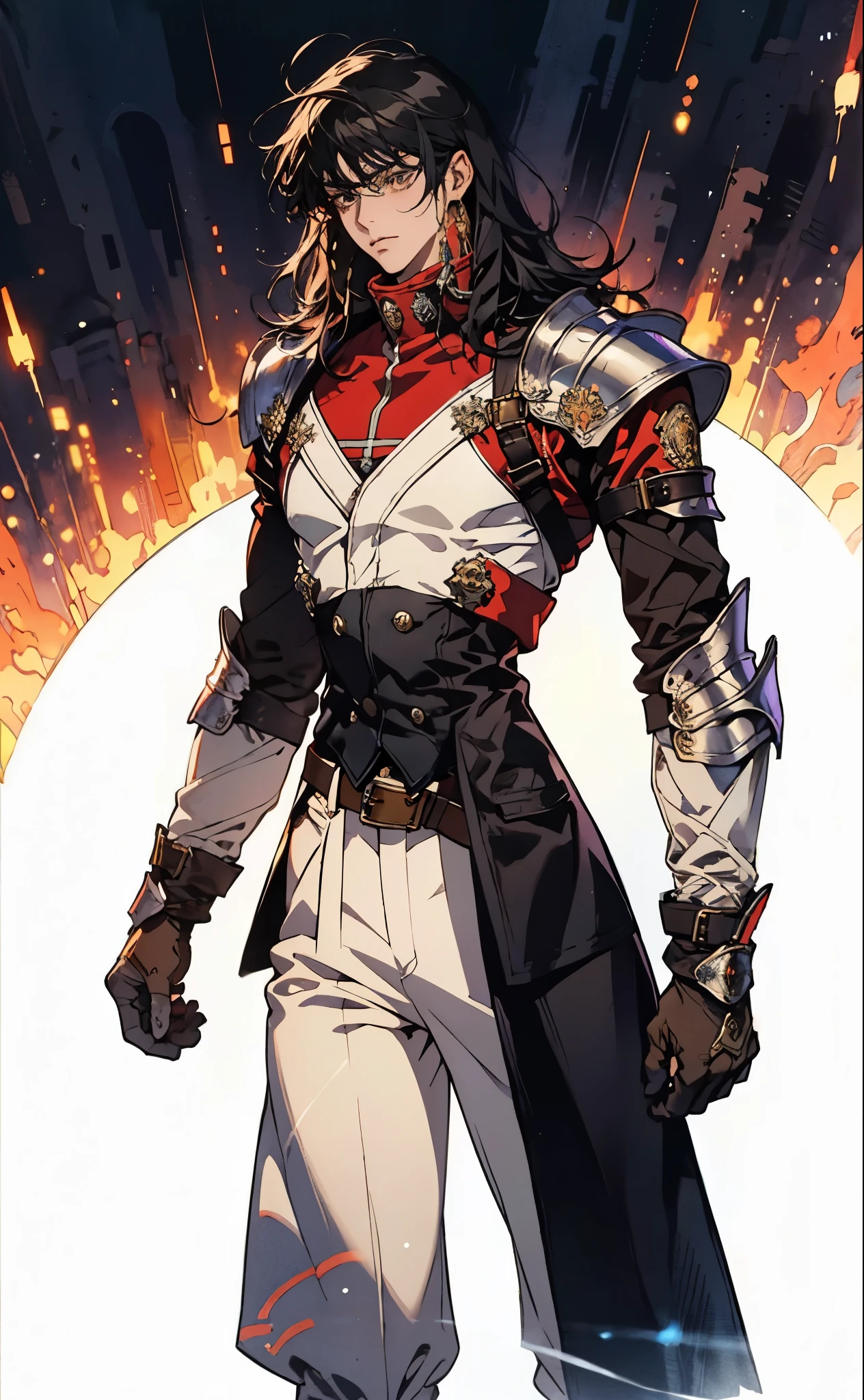 A man with medium-length black hair, arched side-swept bangs, slender eyes, an oval face, refined features, confident expression, tall and slender physique, a fantasy-style leather coat with a leather chest armor on top, wrist guards, fabric trousers with a long hem, a belt buckle featuring a square pattern, primarily in brown with black and red accents, the backdrop of a magnificent fantasy-style giant city gate, this character embodies a finely crafted fantasy-style scout in anime style, exquisite and mature manga art style, high definition, best quality, highres, ultra-detailed, ultra-fine painting, extremely delicate, professional, perfect body proportions, golden ratio, anatomically correct, symmetrical face, extremely detailed eyes and face, high quality eyes, creativity, RAW photo, UHD, 32k, Natural light, cinematic lighting, masterpiece-anatomy-perfect, masterpiece:1.5