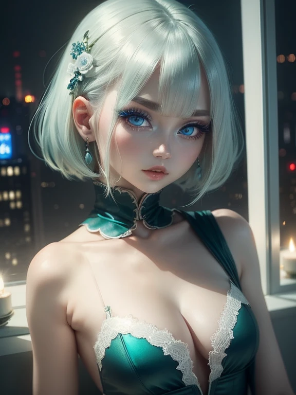 One Woman、Green dress、White Hair、((blue eyes))、Captivating eyes、Night view