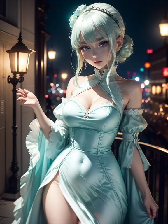 One Woman、Green dress、White Hair、((blue eyes))、Captivating eyes、Night view