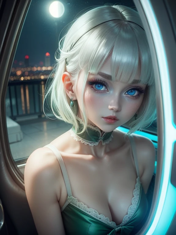 One Woman、Green Dress、Gray Hair、((blue eyes))、Captivating eyes、Night view