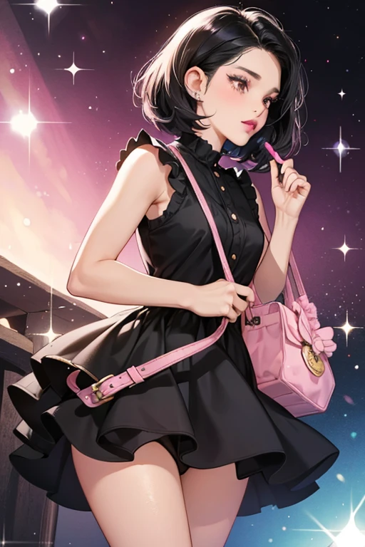 She has short black hair, black eyelashes, a curved nose,. She wears a sleeveless pink dress with ruffle tips, pink lipstick, and carries a velvet purse. SPARKLE; GLITTER