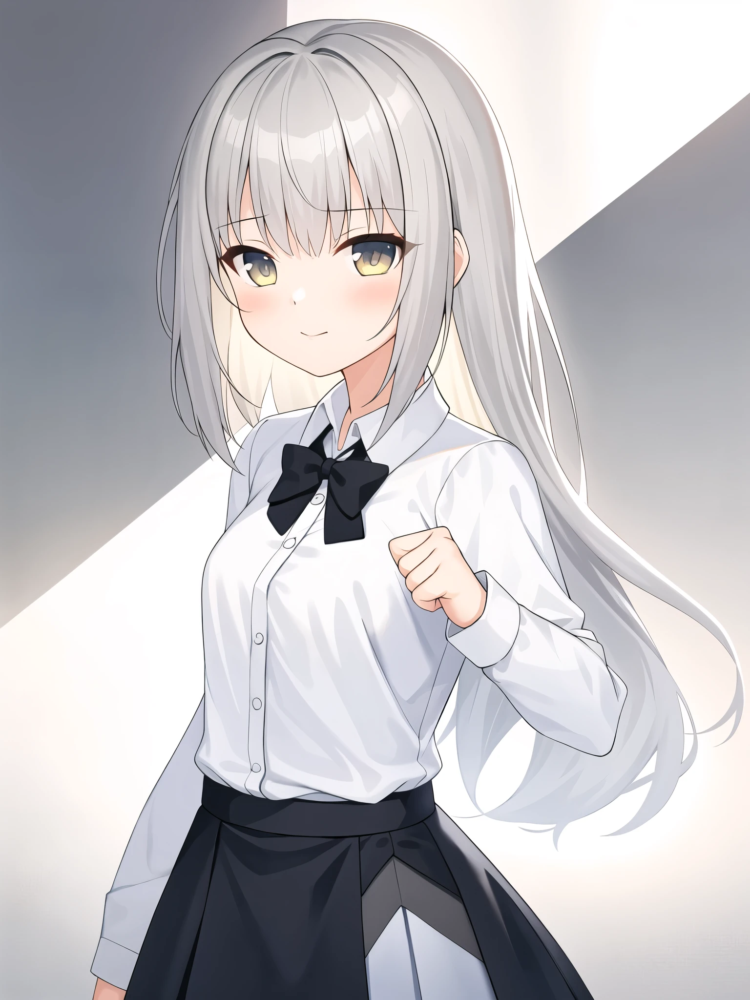 masterpiece,best quality,upper body,1girl,collared_shirt and flared_skirt as material3,grey theme,watercolor \(medium\),social media composition,grey hair,small breasts,no sclera,;\),between fingers