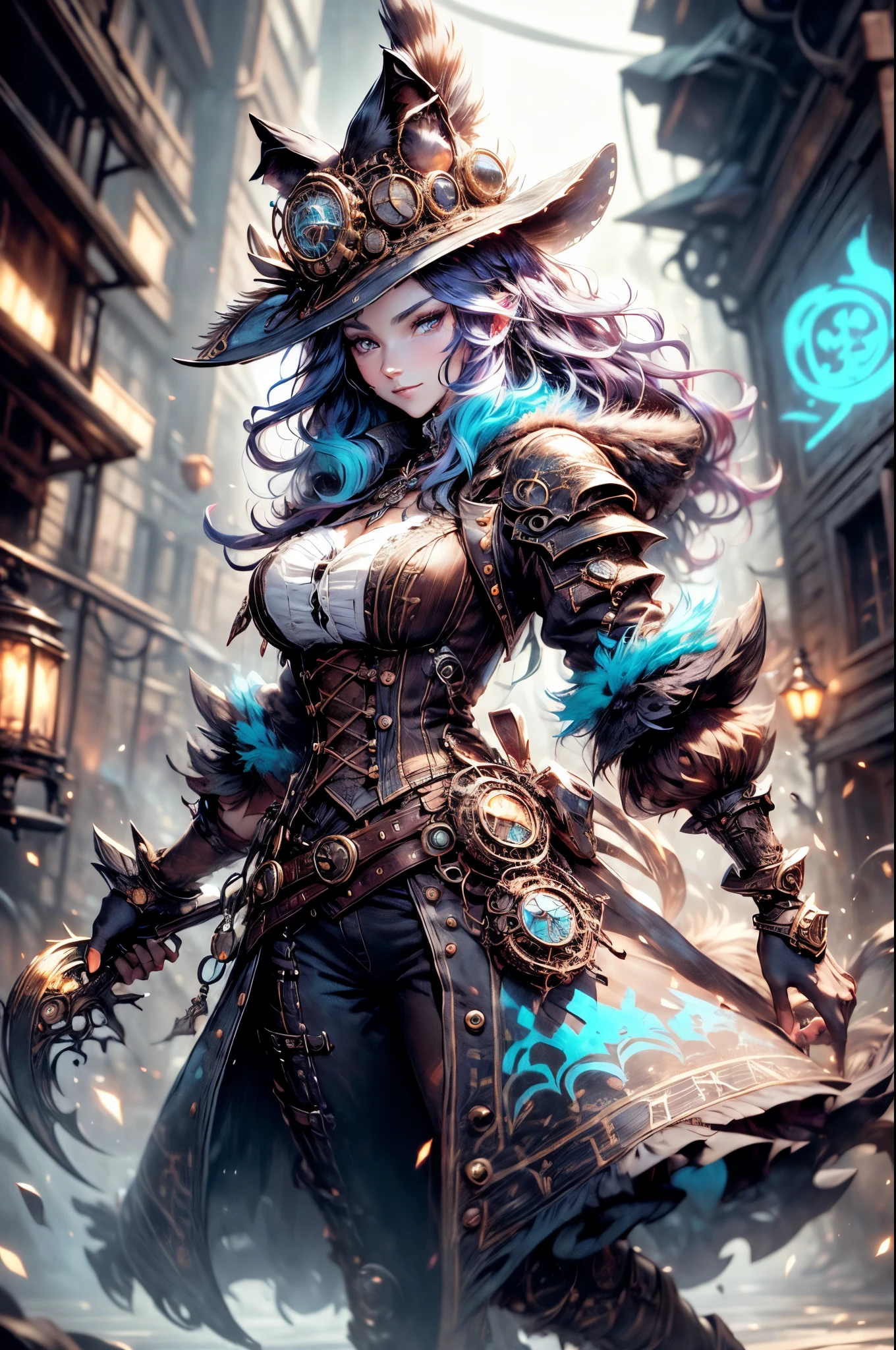 [best quality, shady, extreme detail, Very detailed, ultradetailed, complexe, Realistic], femme, hairy femme, wolf femme, portrait complet du corps, pleine fourrure, fourrure magique, pleine queue, grosse queue, queue magique, cheveux longs ( Colored hair), hat on the head (steampunk style witch hat), yeux en amande (couleur turquoise vif), sourire expressif, visage charmant, Witch Outfit (couleur sombre avec des runes magiques, la tenue est de style steampunk), collants noirs, chaussures (bottes hautes steampunk), la scène se déroule dans une ruelle étroite avec une atmosphère sinistre et sombre.