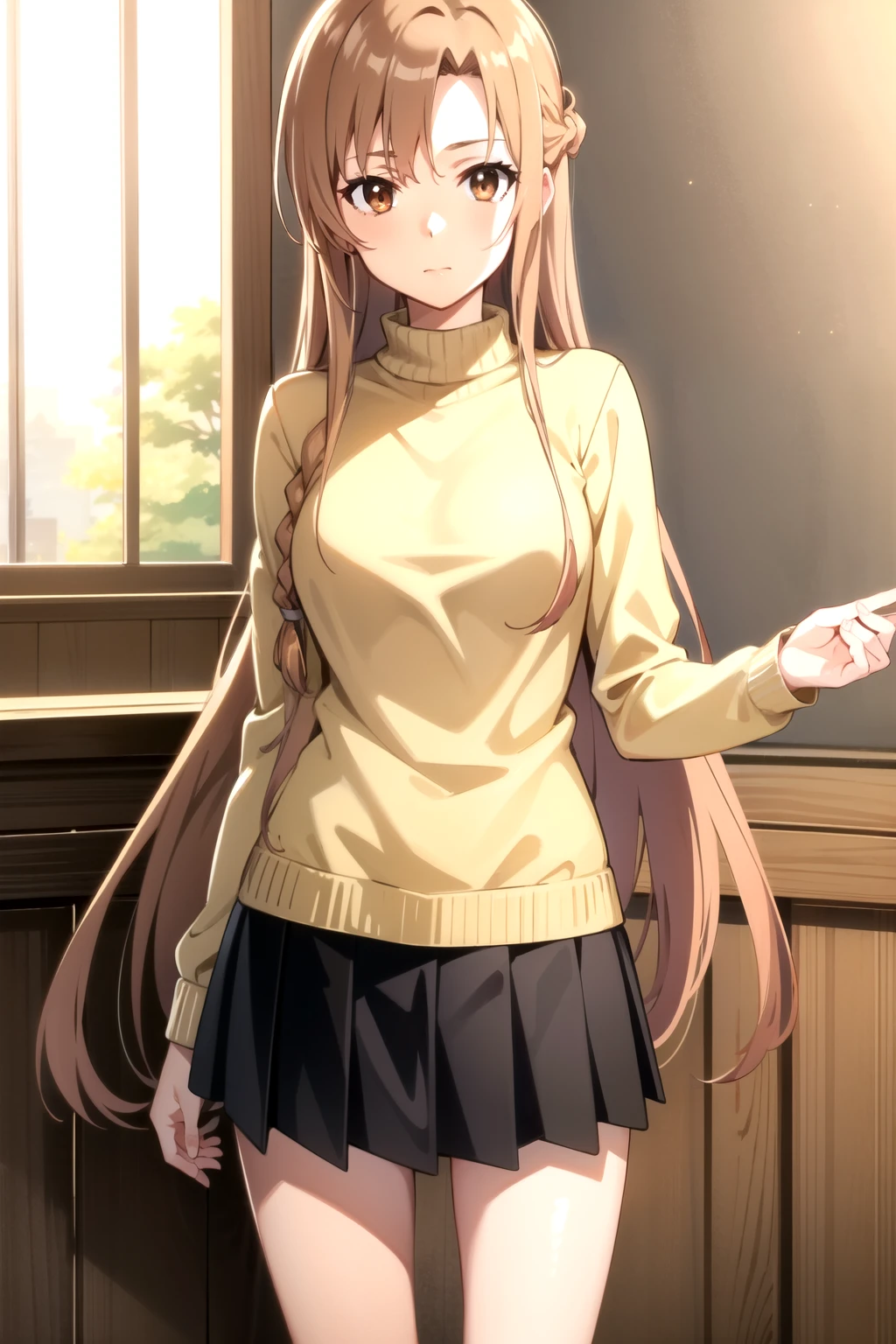 tall body, tall, long legs, mature female, mature, adult, simple background, indoors
 Eft_sao_asuna, 1girl, long hair, asuna (sao), brown hair, solo, brown eyes, skirt, sweater, looking at viewer, standing, long sleeves, braid, very long hair