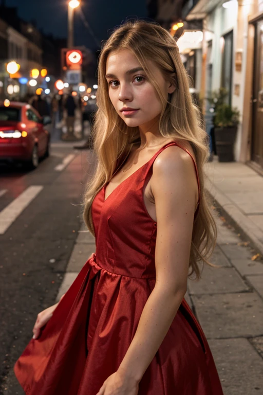 light blonde small face long hair girl wearing red dress night street