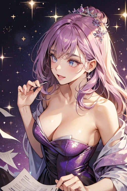She is a mauve who is covered in paper. SPARKLE; GLITTER