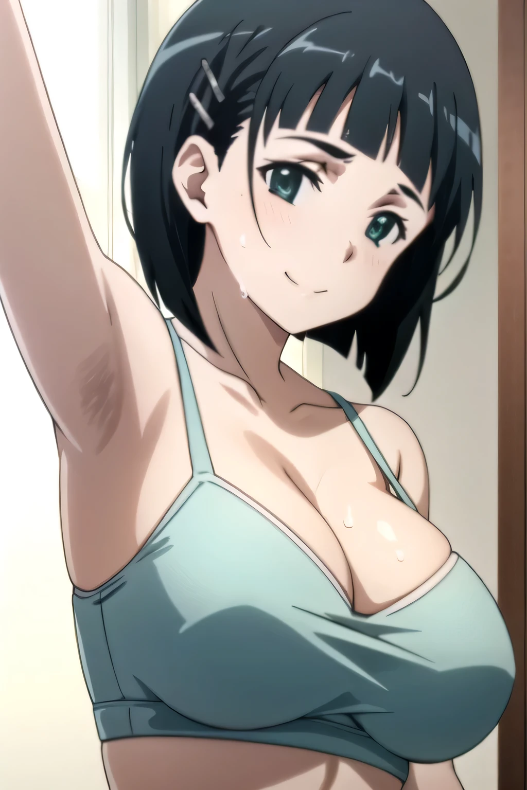 EFT_Sao_Sis, 1girl, kirigaya suguha, solo, black hair, short hair, hair ornament, smile, green eyes, hairclip, upper body, shirt, collarbone, anime coloring, sweaty, sweat, wearing white bra, skisses armpits, full of sweat, big ass