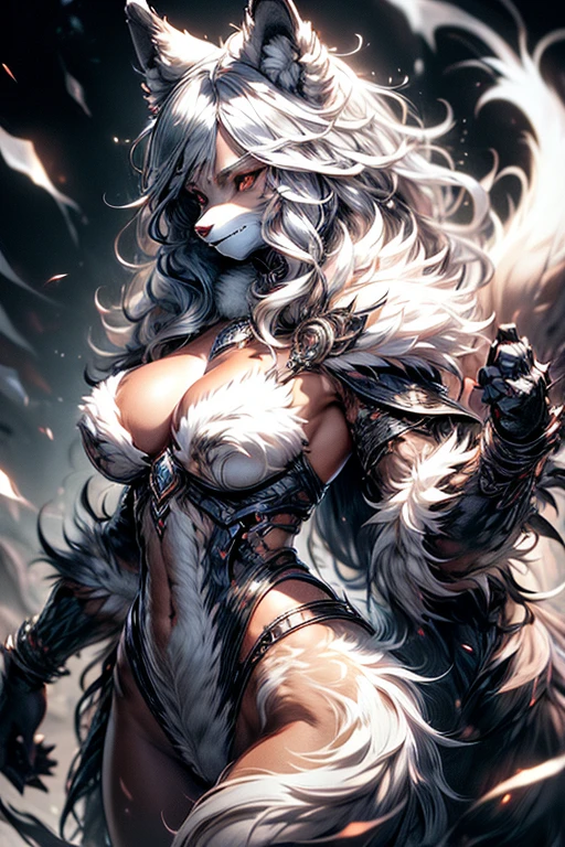 [best quality, shaded, extreme details, very detailed, ultra detailed, complex, realistic, perfect anatomy], furry, wolf woman, fur and fluffy hair, silver fur, fluffy tail,