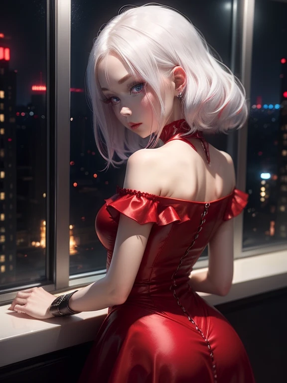 One Woman、Red dress、White Hair、((blue eyes))、Captivating eyes、Night view