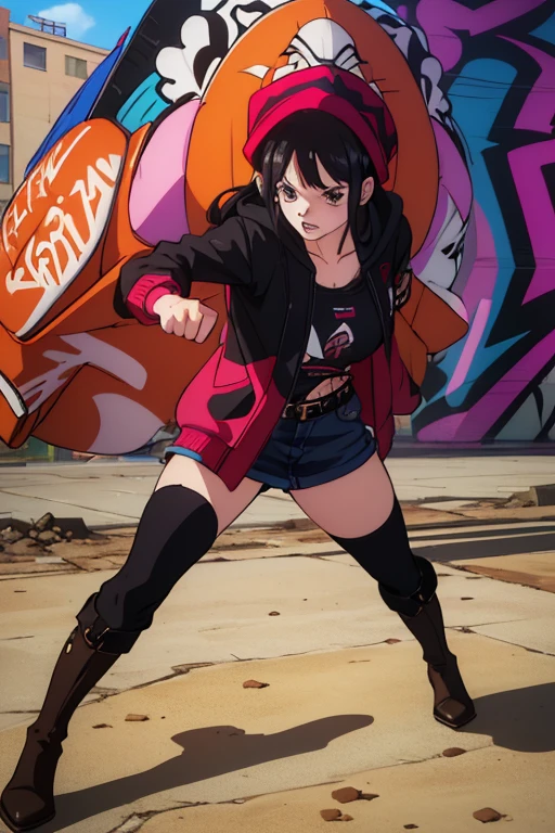 (best quality,4k,8k,highres,masterpiece:1.2),ultra-detailed,animated,girl,mature face,long black hair,brown eyes,graffiti,girl graffer,durag,cool girl,flat, fighting, angry, destroy, vivid color, smash and punch enemy, boots, jacket