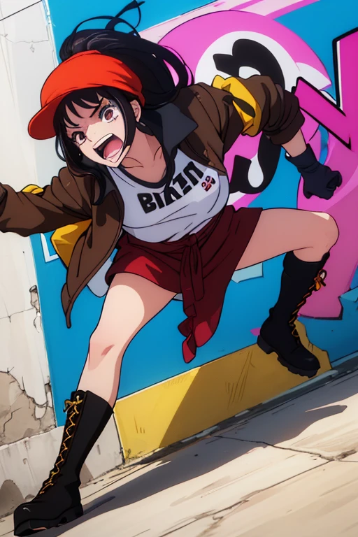 (best quality,4k,8k,highres,masterpiece:1.2),ultra-detailed,animated,girl,mature face,long black hair,brown eyes,graffiti,girl graffer,durag,cool girl,flat, fighting, angry, destroy, vivid color, smash and punch enemy, boots, jacket 