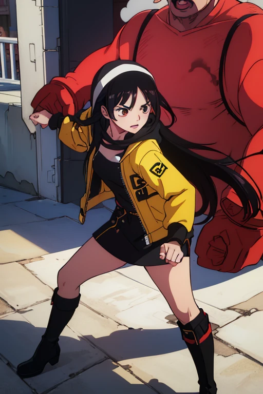(best quality,4k,8k,highres,masterpiece:1.2),ultra-detailed,animated,girl,mature face,long black hair,brown eyes,graffiti,girl graffer,durag,cool girl,flat, fighting, angry, destroy, vivid color, smash and punch enemy, boots, jacket