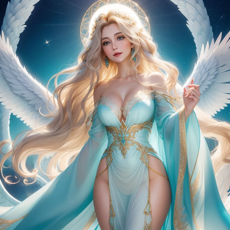 There Must Be An Angel, a woman with ethereal beauty and cherubic cheeks, long curly golden locks framing her radiant face, piercing turquoise eyes reflecting the emotions of her soul, an ageless enigma clad in flowing white robes, her pure and smooth complexion emanating an otherworldly glow. She hovers above the ground, her wings spread wide, feathers shimmering with radiant light, casting a warm and comforting aura around her. Her ethereal presence seems to mesmerize the heart, leaving one in awe of her celestial grace.
Playing With My Heart, a mature, sultry siren, dark,