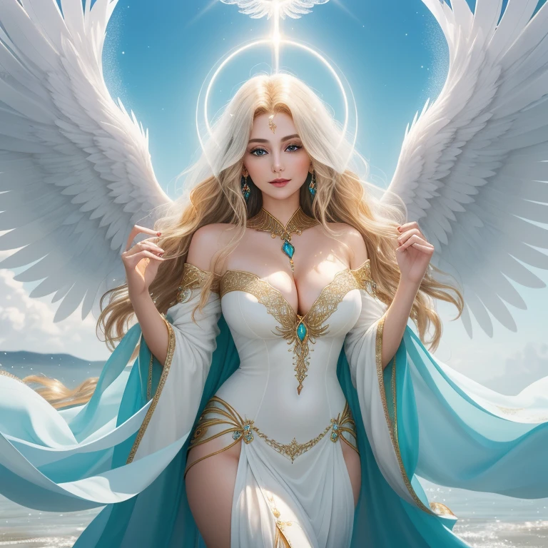 ((raw photo)), ((masterpiece)), anthropomorphic humanoid AngelGirl wearing white noble robe, intricate detail, futobot, intricate Greebles pieces, sky behind, pink, beautiful wings, detailed eyes and lips