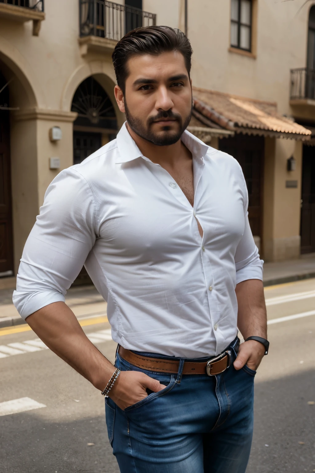 Rogelio Martínez, hombre barbudo y musculoso, muy guapo y varonil, intrincado, elegant, Sharp focus, foto de greg rutkowski, Soft lighting, Colores vibrantes, Obra maestra, ((calles)), cuerpo completo, jeans , same model