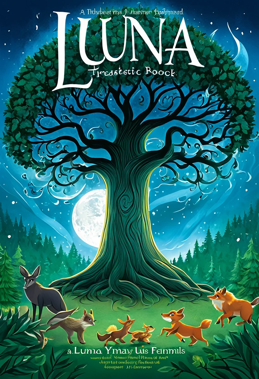 Create an image for the cover of a children's book depicting a majestic tree named Luna surrounded by various forest animals, showcasing their unity and friendship as they protect Luna from a fierce storm, symbolizing the theme of kindness and resilience