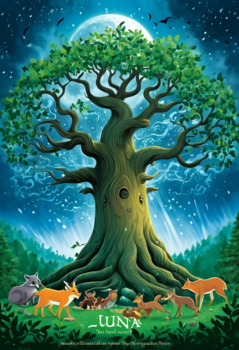 Create an image for the cover of a children's book depicting a majestic tree named Luna surrounded by various forest animals, showcasing their unity and friendship as they protect Luna from a fierce storm, symbolizing the theme of kindness and resilience