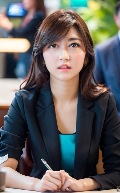 Highly detailed CG Unity 8k wallpaper, top quality, super detailed, masterpiece, realistic, photorealistic, highly detailed cute girl, (25 years old), blush, round eyes, medium breasts, -body shot, business suit, sitting on office, focused into camera