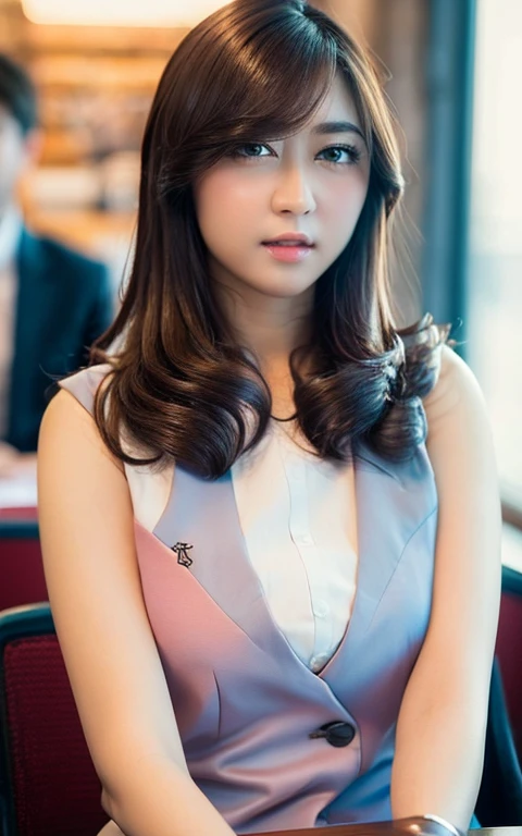 Highly detailed CG Unity 8k wallpaper, top quality, super detailed, masterpiece, realistic, photorealistic, highly detailed cute girl, (25 years old), blush, round eyes, medium breasts, -body shot, business suit, sitting on office, focused into camera