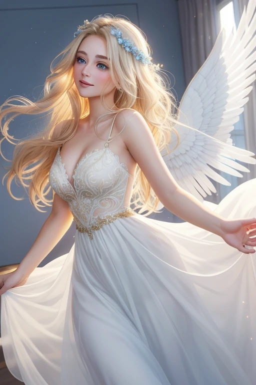 There Must Be An Angel, a radiant and ethereal being, with feathery wings that shimmer in the soft moonlight. Her golden hair cascades down in loose curls, framing her pretty, heart-shaped face. Her eyes are a captivating blue, filled with emotions that playfully dance as she looks at the viewer. Her skin is smooth and flawless, giving off a heavenly glow in the dimly lit room. She is dressed in a flowing, pastel white gown that billows gently around her as she hovers in the air, her delicate feet barely touching the ground. The room is filled with a sense of tranquility and magic as she hums a soft melody