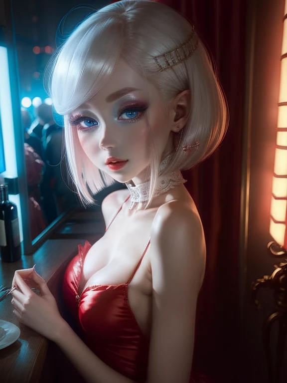 One Woman、Red dress、White Hair、((blue eyes))、Captivating eyes、Night view