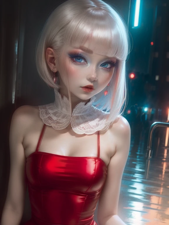 One Woman、Red dress、White Hair、((blue eyes))、Captivating eyes、Night view