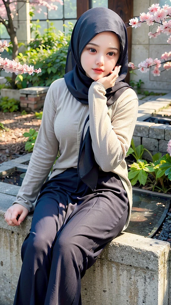 Create a single hyper realistic image of a beautifull hijab girl in an outstanding scene of rays of lighting in a cherry blossom forest, hyper realistic texture.