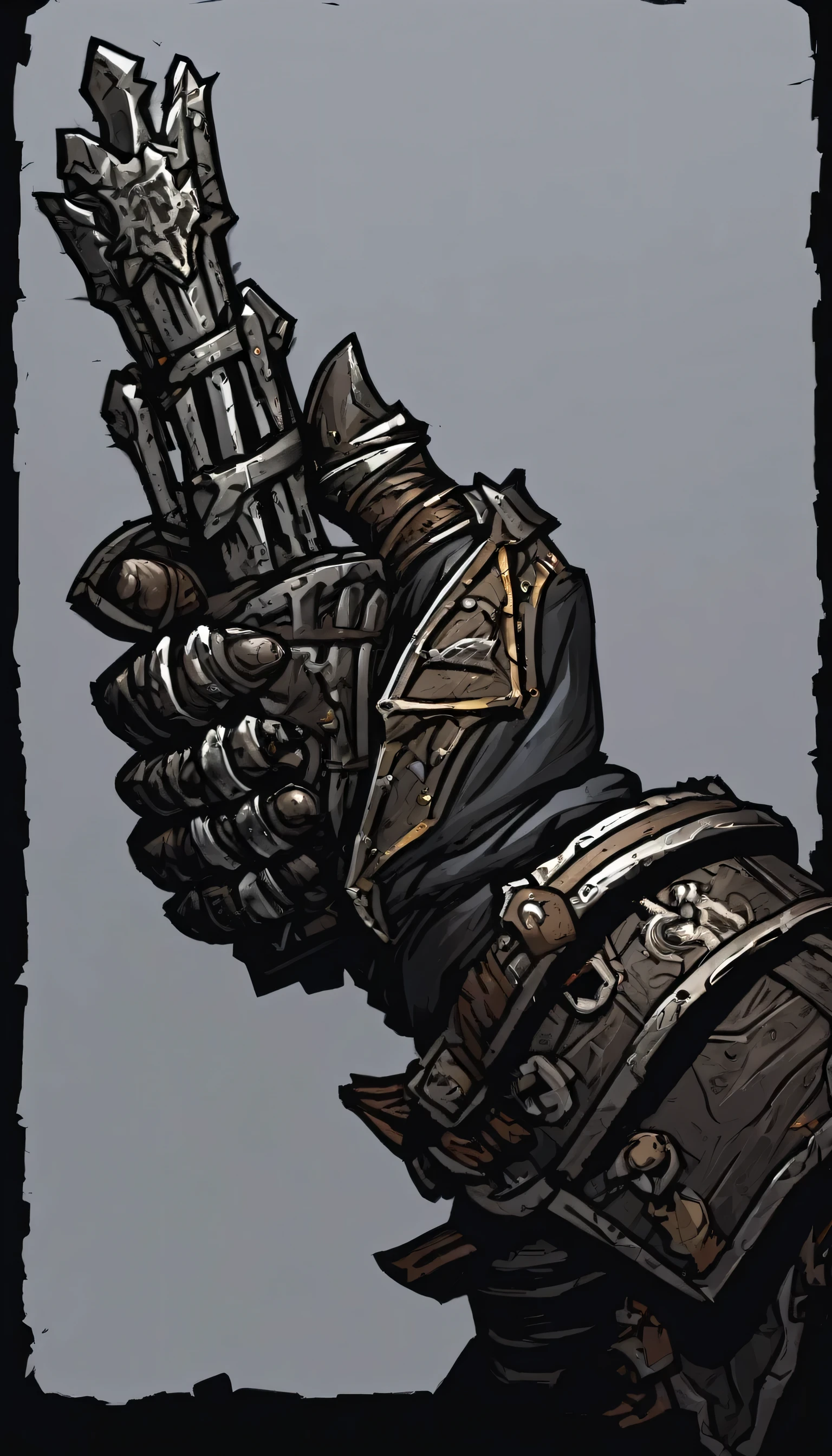 (((darkest dungeon style))), ((darkest dungeon weapon)), weapon art, black metal gauntlet, ((thumbs up)), dark background, (dark lighting), many shadows, cold lights, highly detailed, extremely detailed, masterpiece