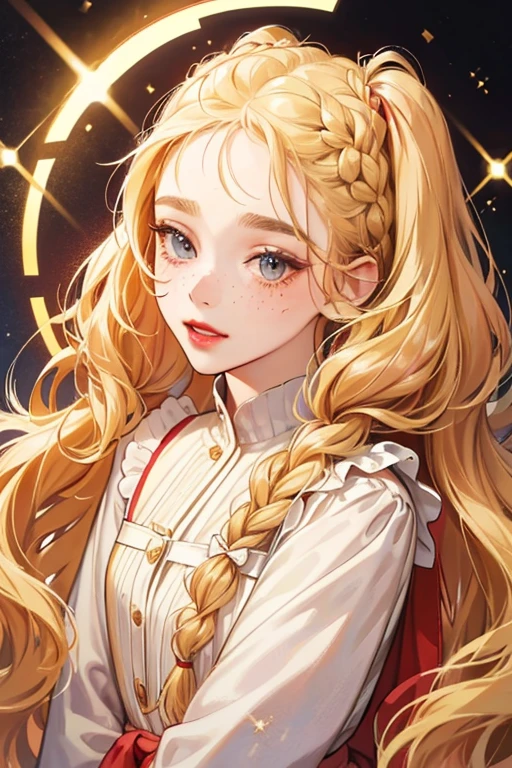 She with long straight thin golden-blonde hair done in upturned braids and fair skin. Her hair is styled into a two braided pigtails hairstyle. She has rosy cheeks, black freckles on her cheeks, red lips, and a missing tooth. SPARKLE; GLITTER