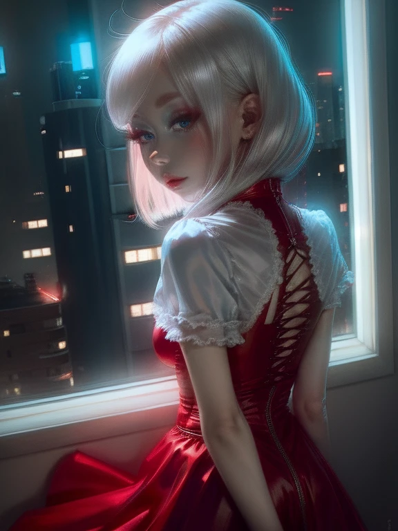 One Woman、Red dress、White Hair、((blue eyes))、Captivating eyes、Night view