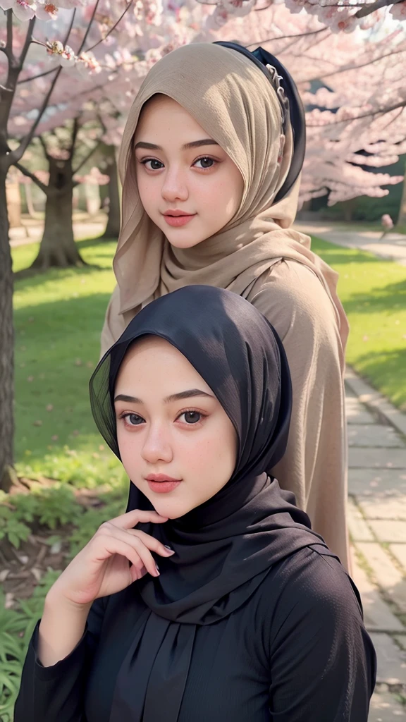 Create a single hyper realistic image of a beautifull hijab girl in an outstanding scene of rays of lighting in a cherry blossom forest, hyper realistic texture.