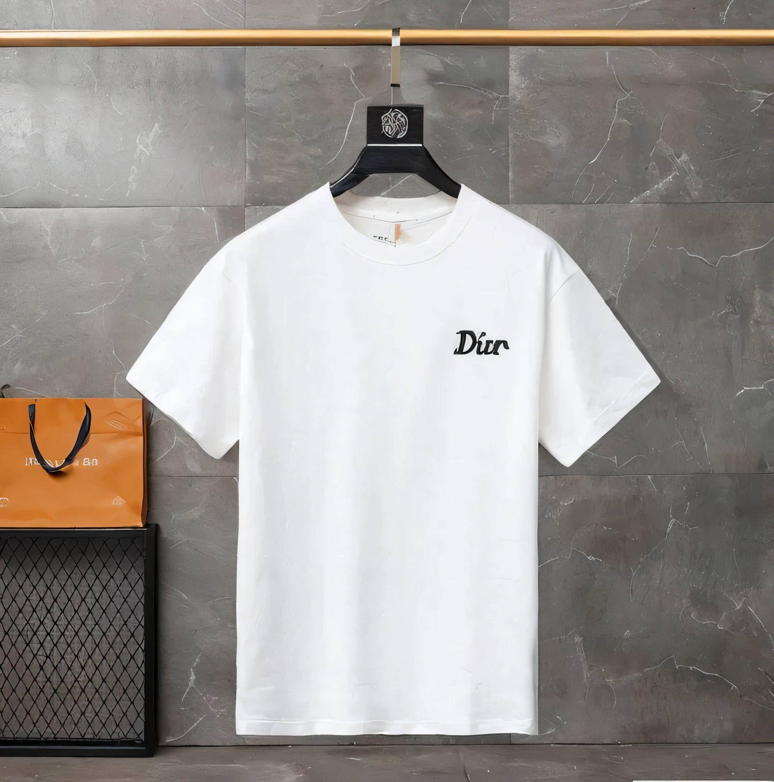 a white t - shirt with a black logo on it next to a brown bag, white trendy clothes, short sleeves, t - shirt, t-shirt, ( ivory black ), white t - shirt, white t-shirt, dun or grey, dior, cotton, new design, 2 0 2 0 fashion, product photo, 2020, 2 0 2 0