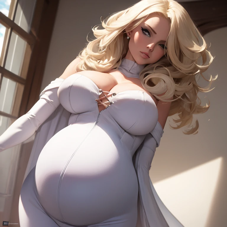 Very pregnant Emma Frost, tight white top, tight white leggings, white cape, blonde hair, sexy pose, medium breasts, tight waist, cleavage, hair over one eye, shy
