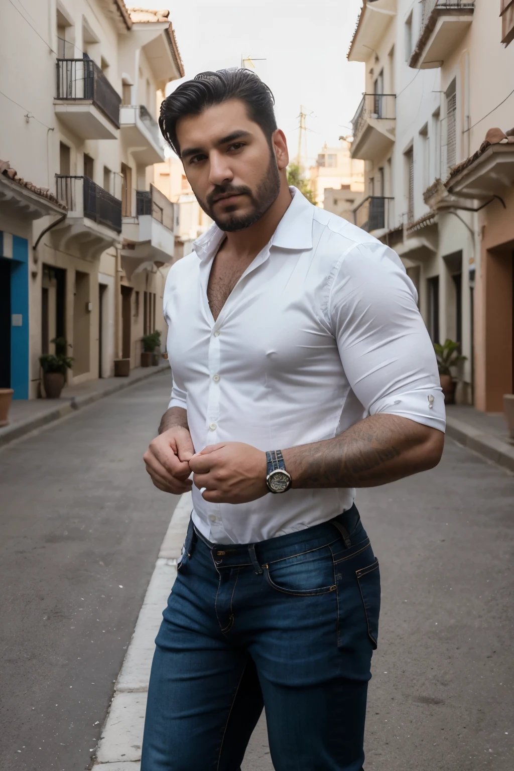 Rogelio Martínez, hombre barbudo y musculoso, muy guapo y varonil, intrincado, elegant, Sharp focus, foto de greg rutkowski, Soft lighting, Colores vibrantes, Obra maestra, ((calles)), cuerpo completo, black jeans  , same model 