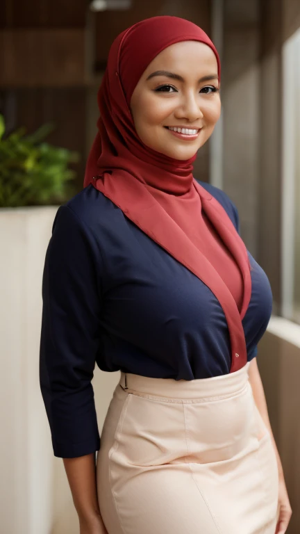 RAW, Best quality, high resolution, masterpiece: 1.3), beautiful 18 years old indonesian muslim girl, (wearing hijab), Masterpiece, perfect fit body, naughty smile, big breast, Soft smile,thick thighs, modern hijab, girl in sexy office suit, wearing a sexy peplum blazer, cleavage cutout, long skirt, sexy office clothes, afternoon walk, City garden, Excellent lighting, Bright colors, Clean lines