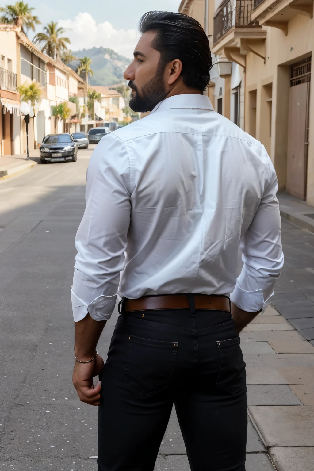 Rogelio Martínez, hombre barbudo y musculoso, muy guapo y varonil, intrincado, elegant, Sharp focus, foto de greg rutkowski, Soft lighting, Colores vibrantes, Obra maestra, ((calles)), cuerpo completo, black black jeans backside , same model 