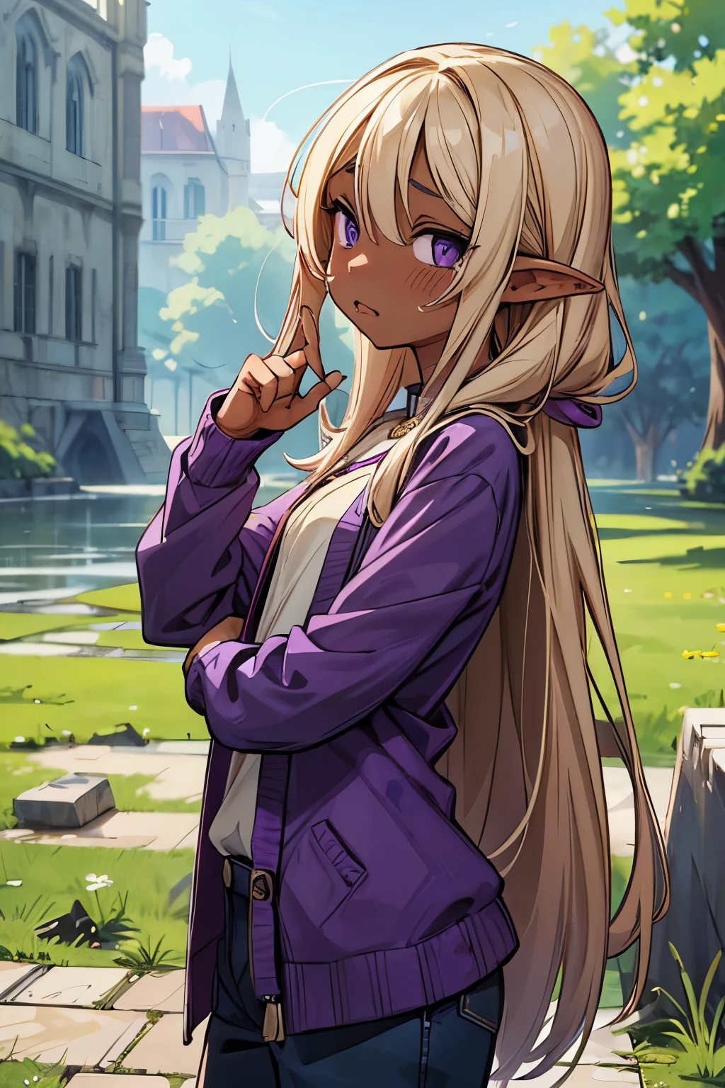 ((Masterpiece)), (Anime:1.3), ((best quality)), (RAW photo:1.2), (High Definition:1.3), (Professional Photography:1.2), (12 years old), (1girl), cute young girl, from side, BREAK, (Panicked face,:1.3), (Beautiful purple eyes:1.5), (dark skin), elf girl, wear a long cardigan, flat chest, slender waist, (hair over eyes:1.3), very long bangs, Shiny unruly hair, long hair, ((beautiful blond hair)), wear a long cardigan, shortpants, BREAK, ((best quality)), 🌈, (Panicked Pose:1.4), (on the riverside), Beautiful ruins Background,