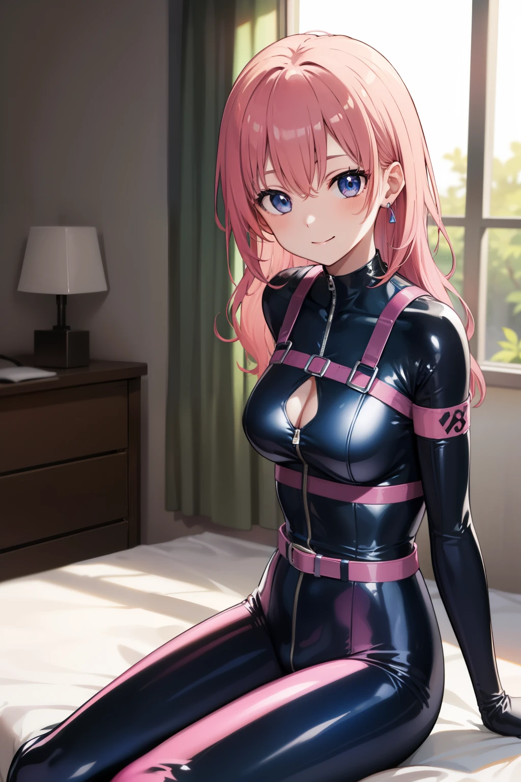 (8K, top-quality, masterpiece:1.2), (anime:1.37), (super detail), (one girl), (highly detailed), (beautifully detailed eyes), (of the highest quality), (super detailed), (masterpiece), (detailed face), (20yr old), (1 girl), (pink hair, long hair), (medium breasts), (clothed), (perfect lighting), BREAK, (upper body to knees), (wavy pink long hair), (relaxed smile), (sitting pose, one knee hugged), (soft bedroom background), (soft lighting, natural light from window), BREAK, (pink glossy catsuit:1.5), (sapphire blue harness:1.5), (futuristic:1.2), (active silhouette:1.3), (glossy stretch fabric:1.4), (mesh bodysuit:1.3), (decorative cutouts:1.2), (sapphire blue belt:1.4), (high-heeled boots:1.3), (geometric earrings:1.2), (armband:1.2), BREAK