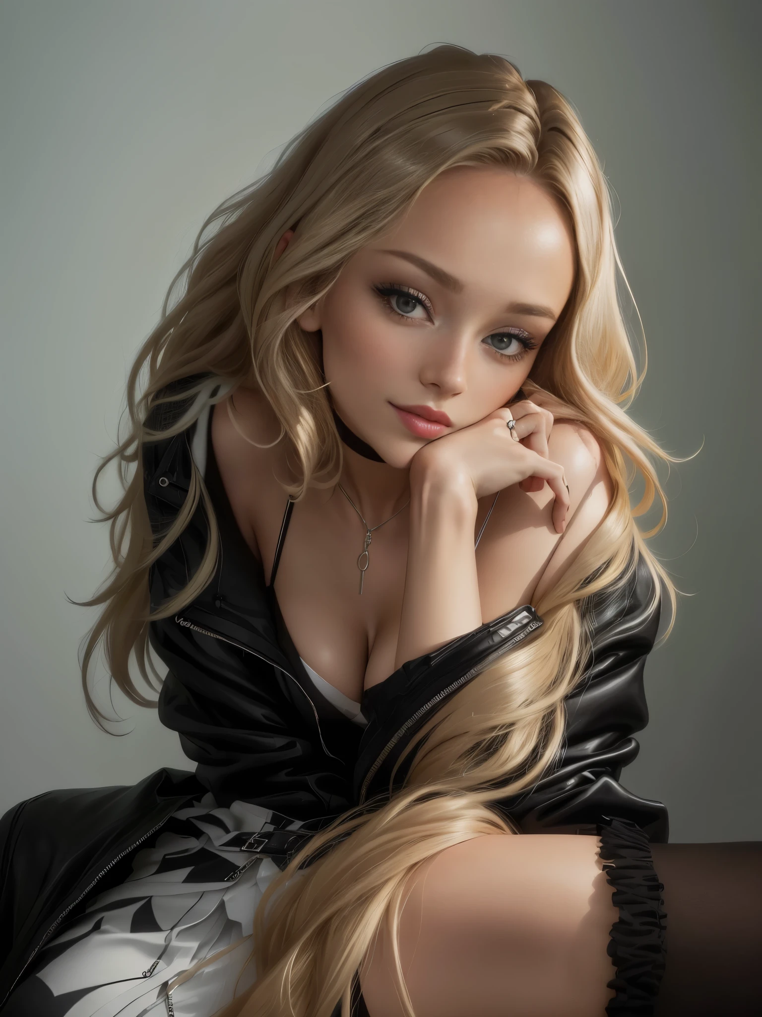 eine Nahaufnahme einer Frau mit einer schwarzen Jacke, Ester Exposito, Dasha Taran, Britt Marling Stil, daniela uhlig, Portrait of Ester Exposito, Gesicht wie Ester Exposito, ((looking flirty
):1.2), im Stil von Britt Marling, Frau Modell, Jovana Ricalo, Martina Fackova