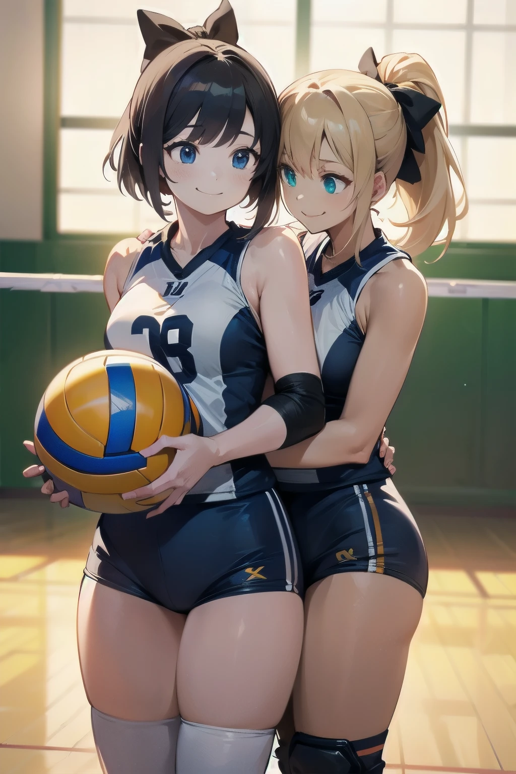 unity 8k wallpaper, anatomically correct, (((masterpiece))), (((best quality))), (((ultra detailed))), (((high-resolution))), ((super fine illustration)), ((Ultimate cutie)), detailed beautiful face, shiny hair, 18 years old, ((potbelly)), (curvy), medium breasts, ((Thick thighs)), sleeveless volleyball uniform, ((buruma)), ((knee pad)), (elbow pad), ((hold volleyball)), ((hold a 6-inch volleyball)), cowboy shot, in volleyball court, in school gymnasium, 
BREAK, (Yuri), 2girls_A_and_B, A girl_have_{{blond ponytail}}_{hair bow}_{{happy}}_{smile}, 
BREAK, B girl_have_{black short hair}_ {hair bow}_{{{smirk}}}