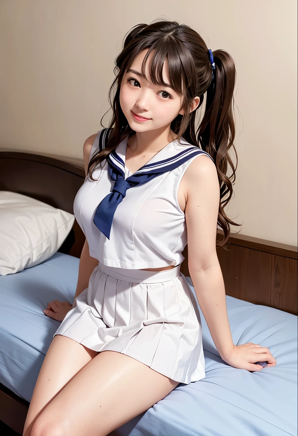 (highest quality,masterpiece:1.3,Ultra-high resolution),(Very detailed、Caustics) (Realistic:1.4, RAW shooting、)Ultra-Realistic Capture、Very detailed、Natural skin texture、masterpiece、(junior high school sailor suit:1.3)、Short-sleeved sailor suit、She spreads her legs and straddles the man sleeping in bed、1 Japanese girl、Adorable expression、Expression of happiness、************、Young Face、Amazingly cute、Twin tails、Curly Hair、Black Hair、Scrunchie、light makeup、Big breasts that look like they might burst、Bare arms、Shining thighs、Shot in a hotel bedroom、smile、An inviting gaze、The exact number of fingers on each hand、Cowboy Shot、